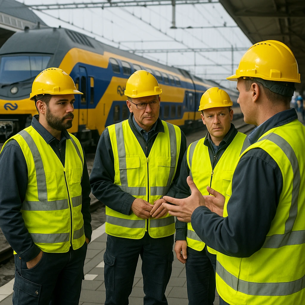 Veiligheidsleider geeft briefing aan team van vier spoorwegwerkers in gele veiligheidsvesten bij NS trein